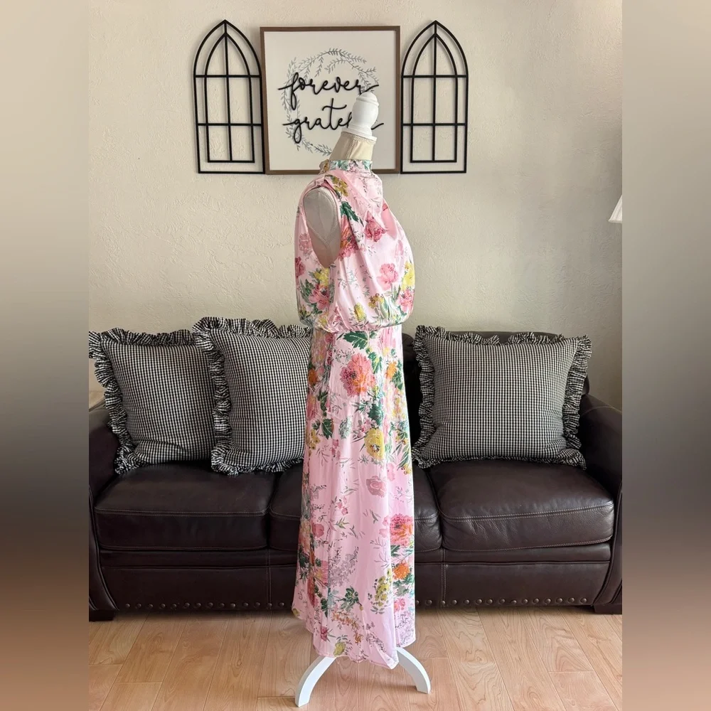 PETAL & PUP ANABELLE HALTER NECK MIDI DRESS - PINK FLORAL SIZE L - Picture 4 of 12